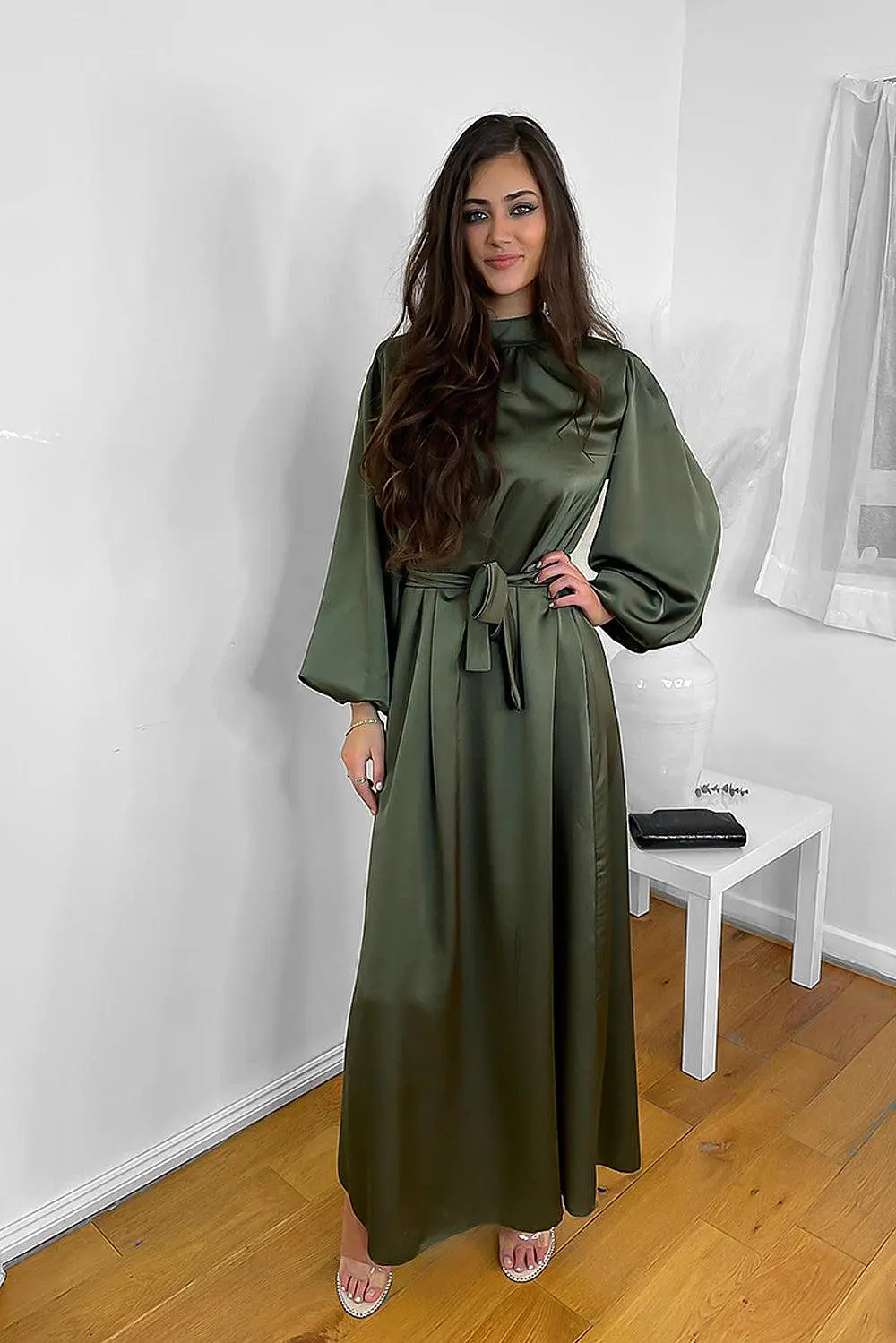 Lantern Sleeves High Neck Satin Modest Dress