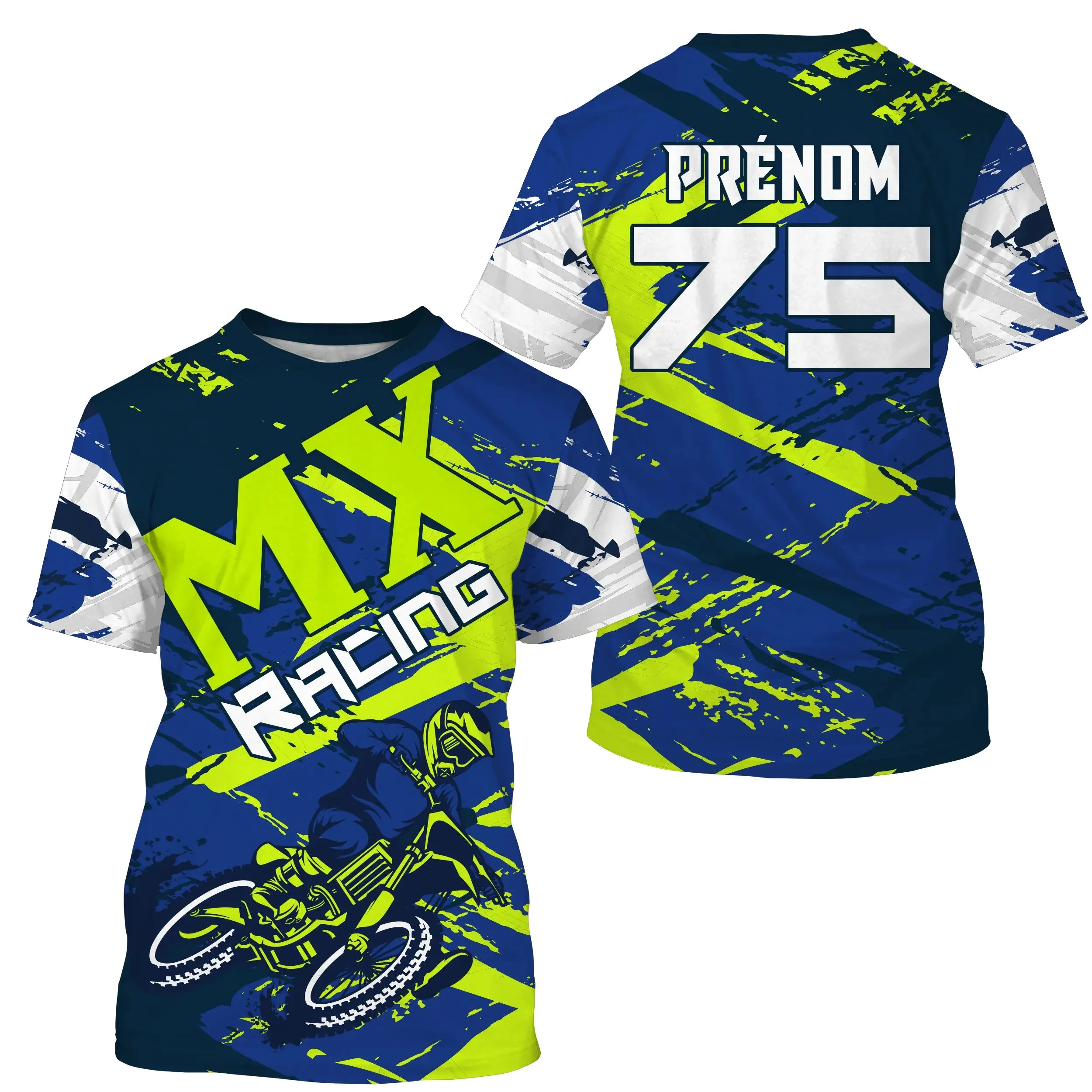 Maillot Cross Protection UV Bleu Vert, Cadeau Personnalisé Pilote Moto Cross, Courses Moto Tout-Terrain - 26122208MZ