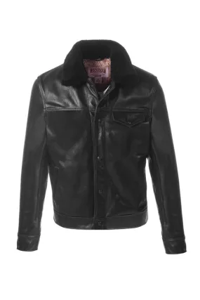 Men's Buffalo Leather Trucker Jacket with Sheepskin Collar 545