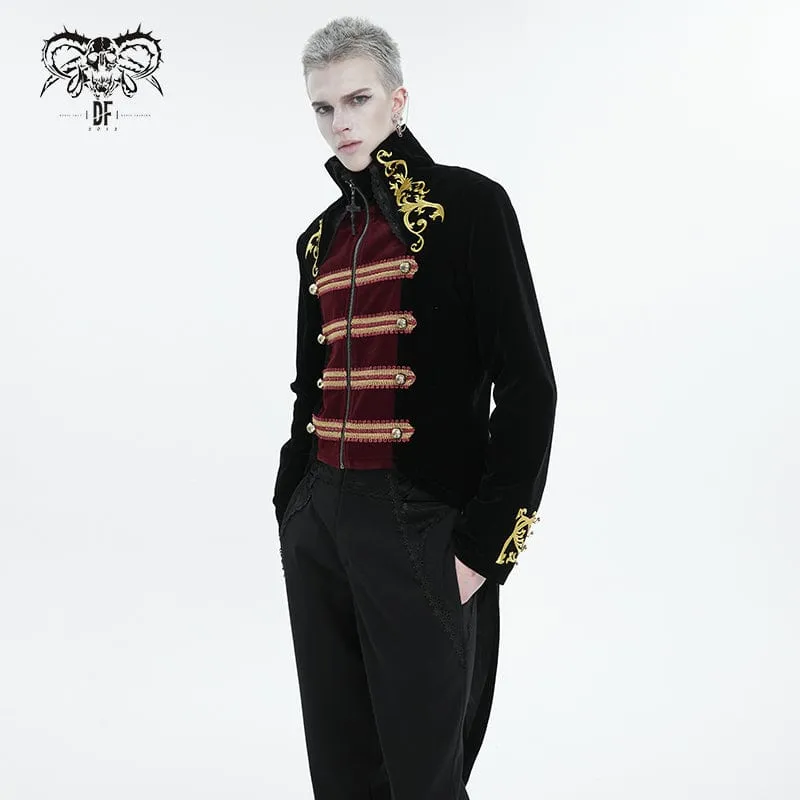 Men's Gothic Totem Embroidered Swallow-tailed Coat Black