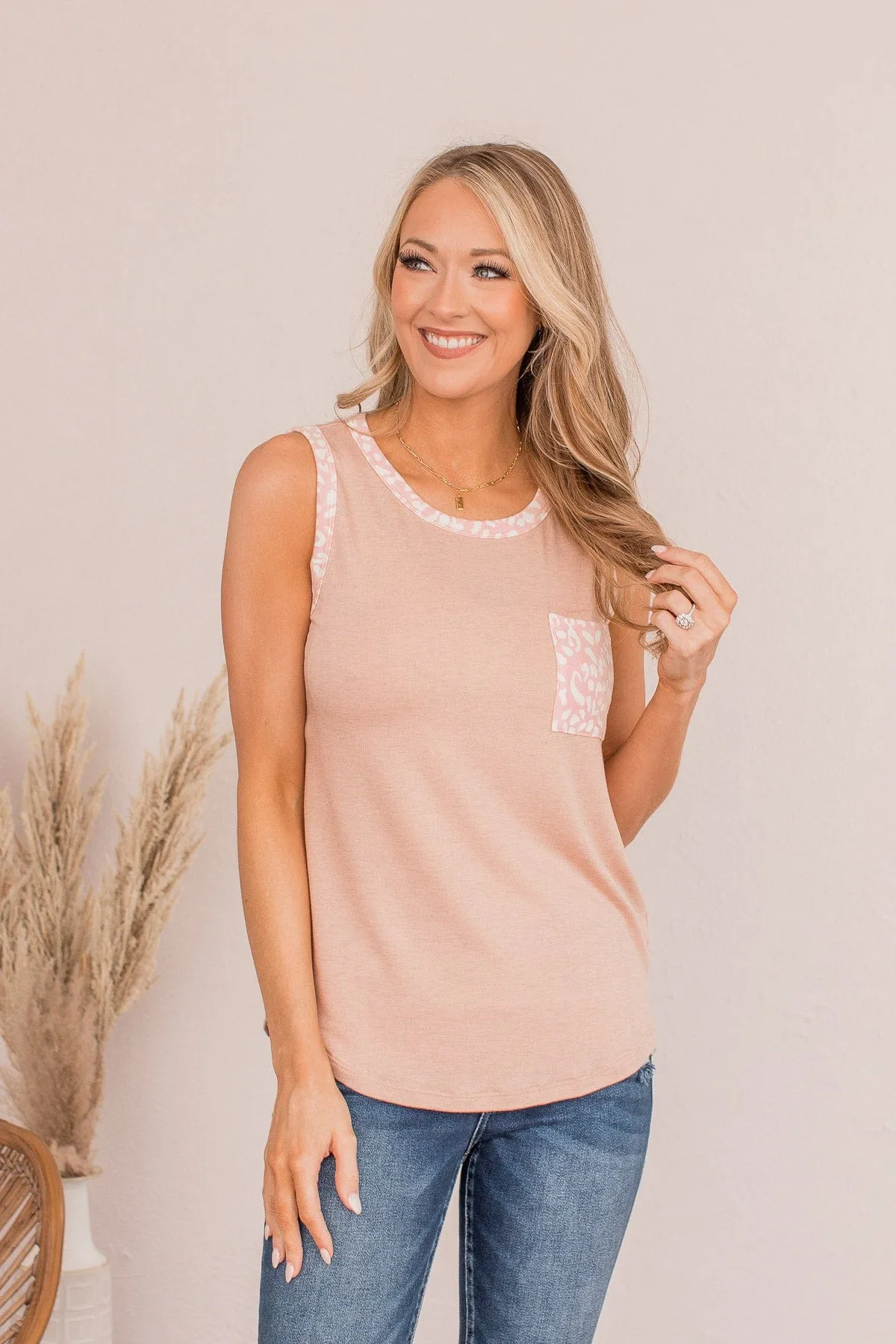 More Than Words Leopard Trim Tank- Blush