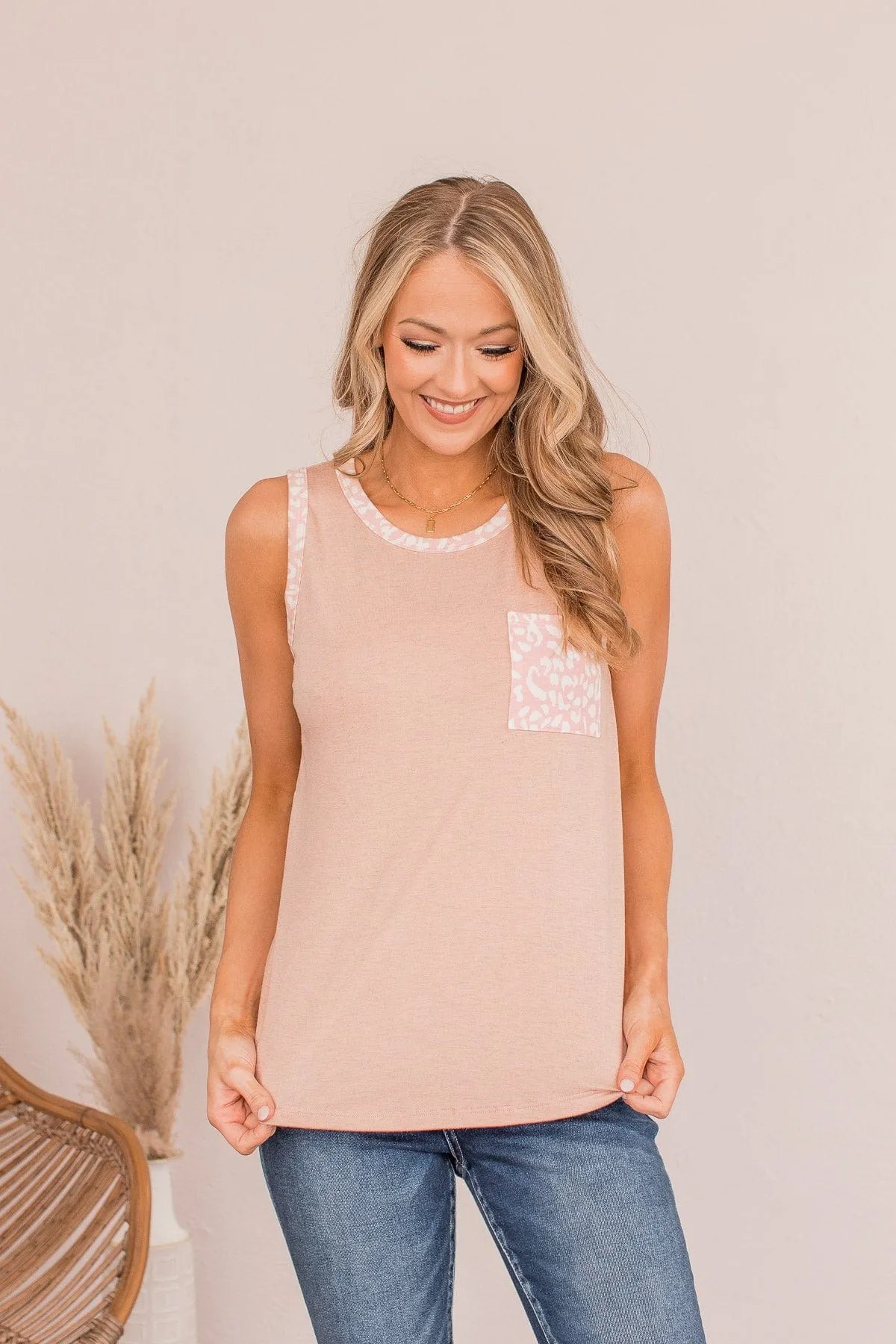 More Than Words Leopard Trim Tank- Blush