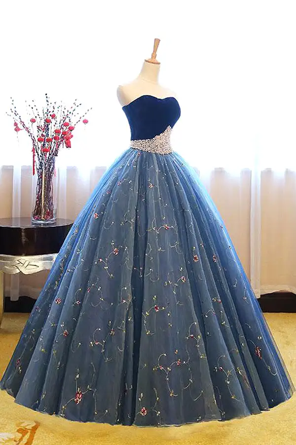 Navy Blue Ball Gown Sweetheart Sleeveless Lace Up Pearl Appliques Prom Dresses