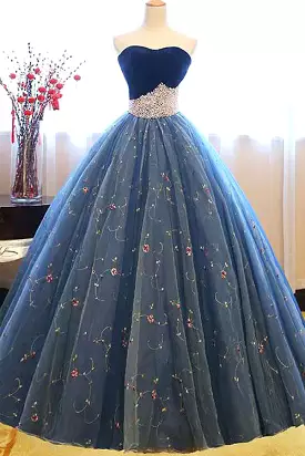 Navy Blue Ball Gown Sweetheart Sleeveless Lace Up Pearl Appliques Prom Dresses