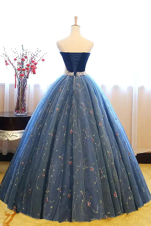 Navy Blue Ball Gown Sweetheart Sleeveless Lace Up Pearl Appliques Prom Dresses