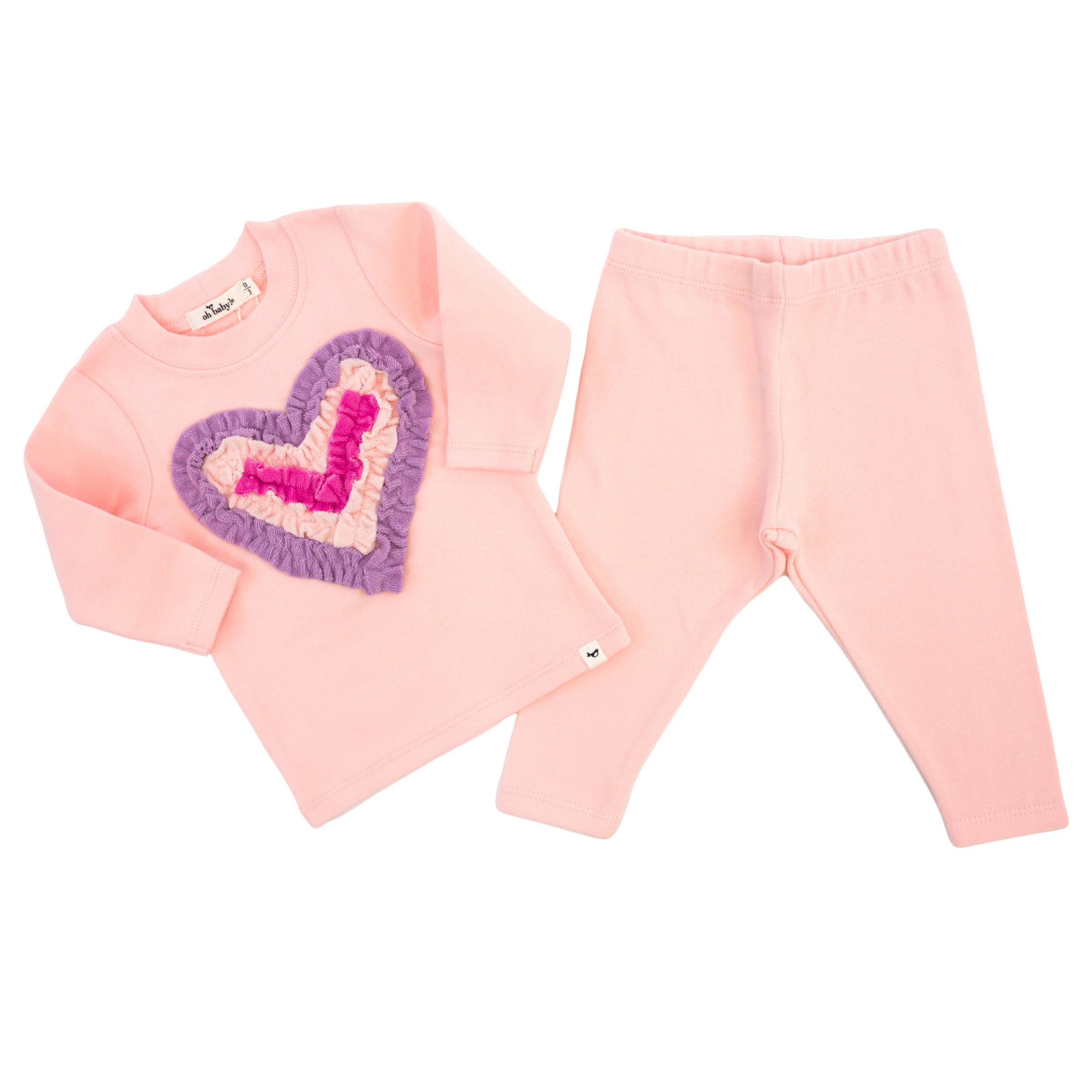 oh baby! Two Piece Set - Multicolor Terry Ruffle Heart Applique - Pale Pink