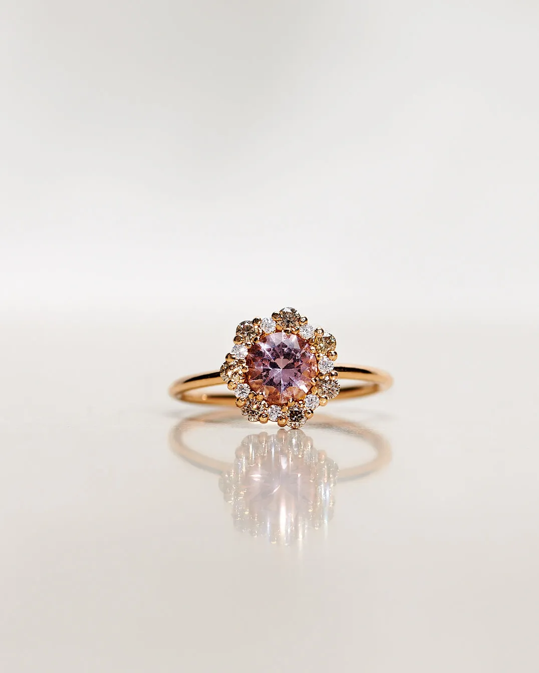 One-Of-A-Kind Flower Ring with Light Pink Morganite and a halo of Champagne Diamonds and Diamonds (1.48 CT)