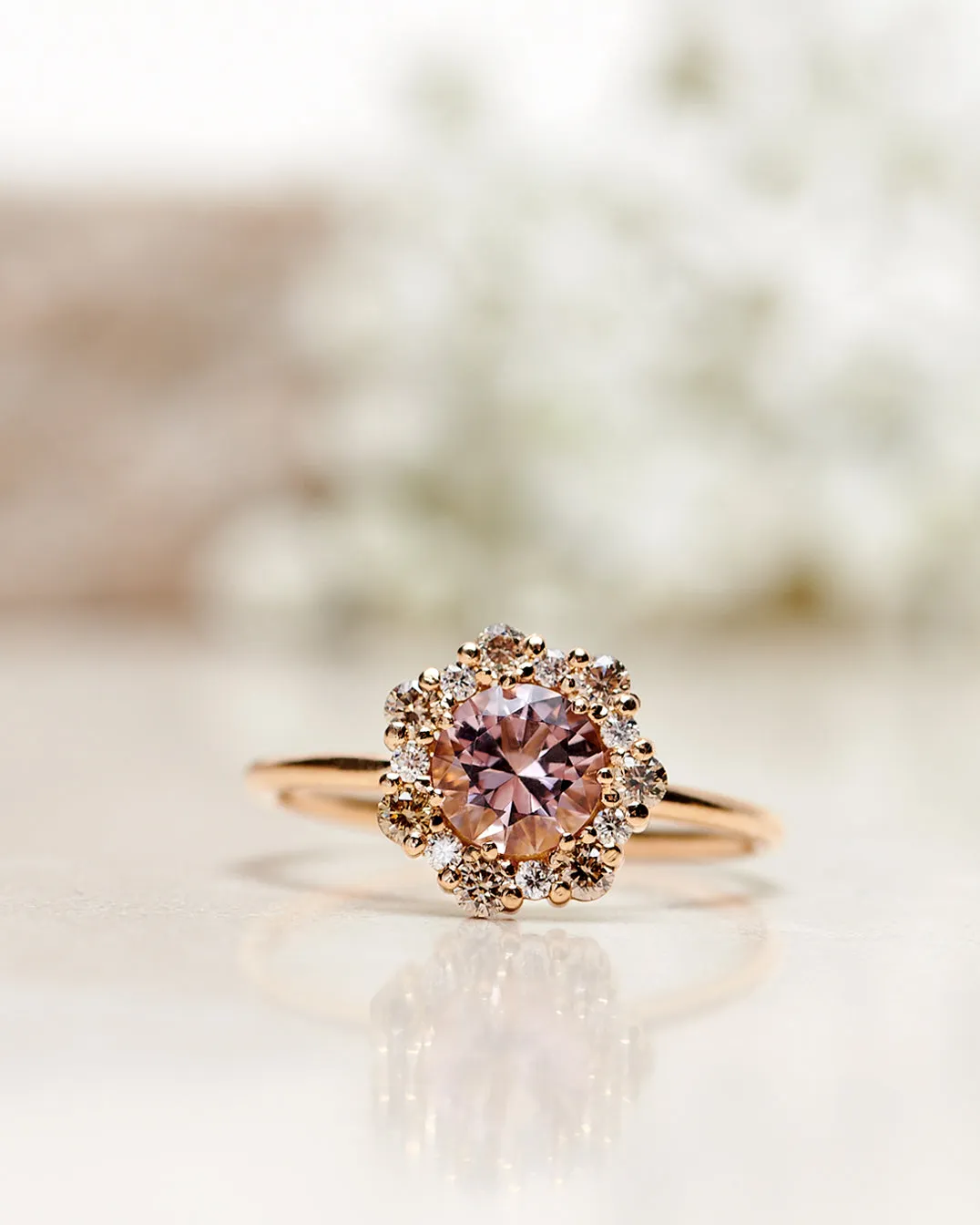 One-Of-A-Kind Flower Ring with Light Pink Morganite and a halo of Champagne Diamonds and Diamonds (1.48 CT)