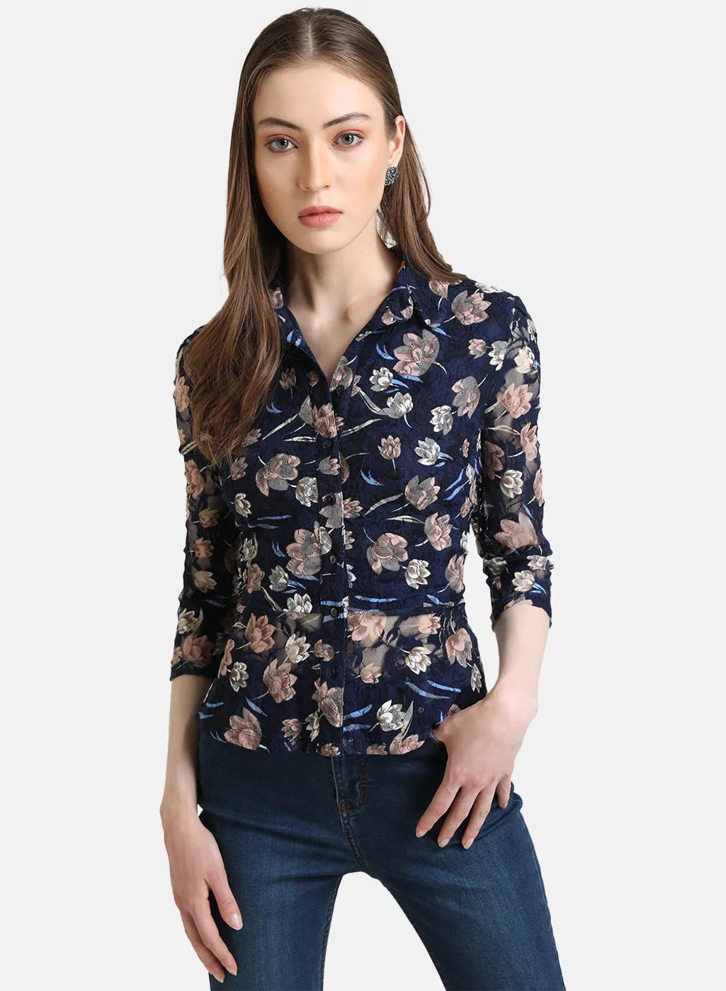 Printed Lace Shirt With Peplum