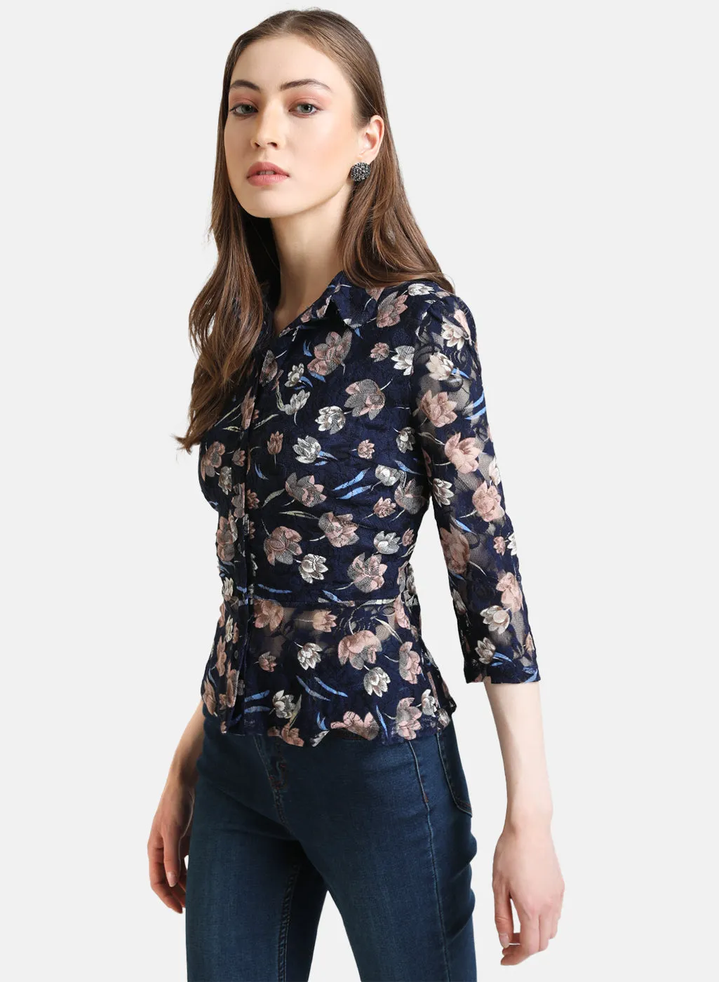 Printed Lace Shirt With Peplum