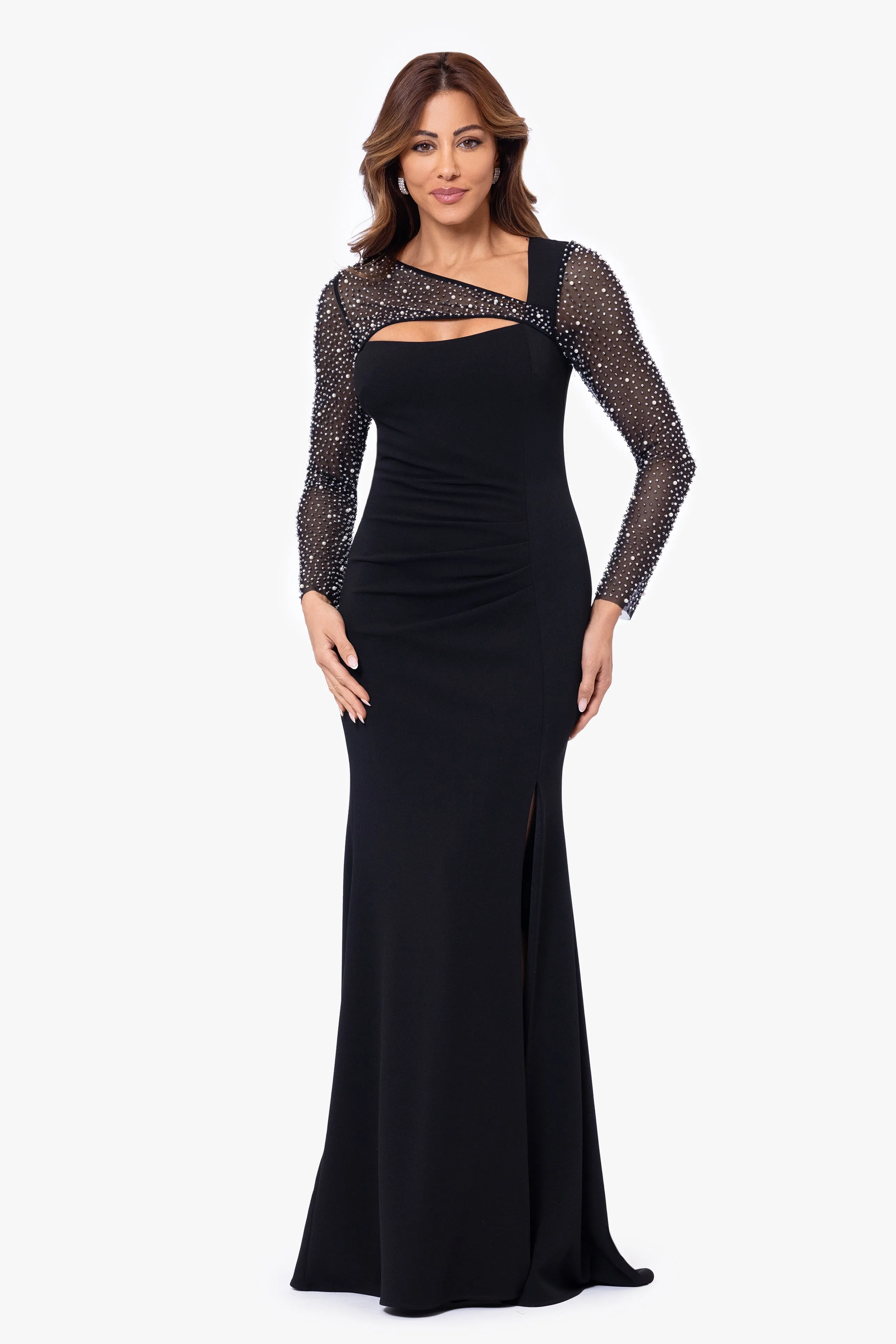 Samantha Scuba Crepe Embellished Long Sleeve Dress