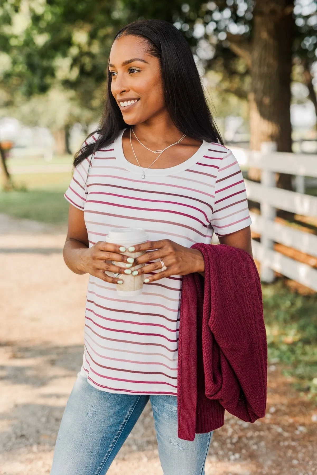 Shades Of Autumn Striped Top- Wine, Burgundy & Pink