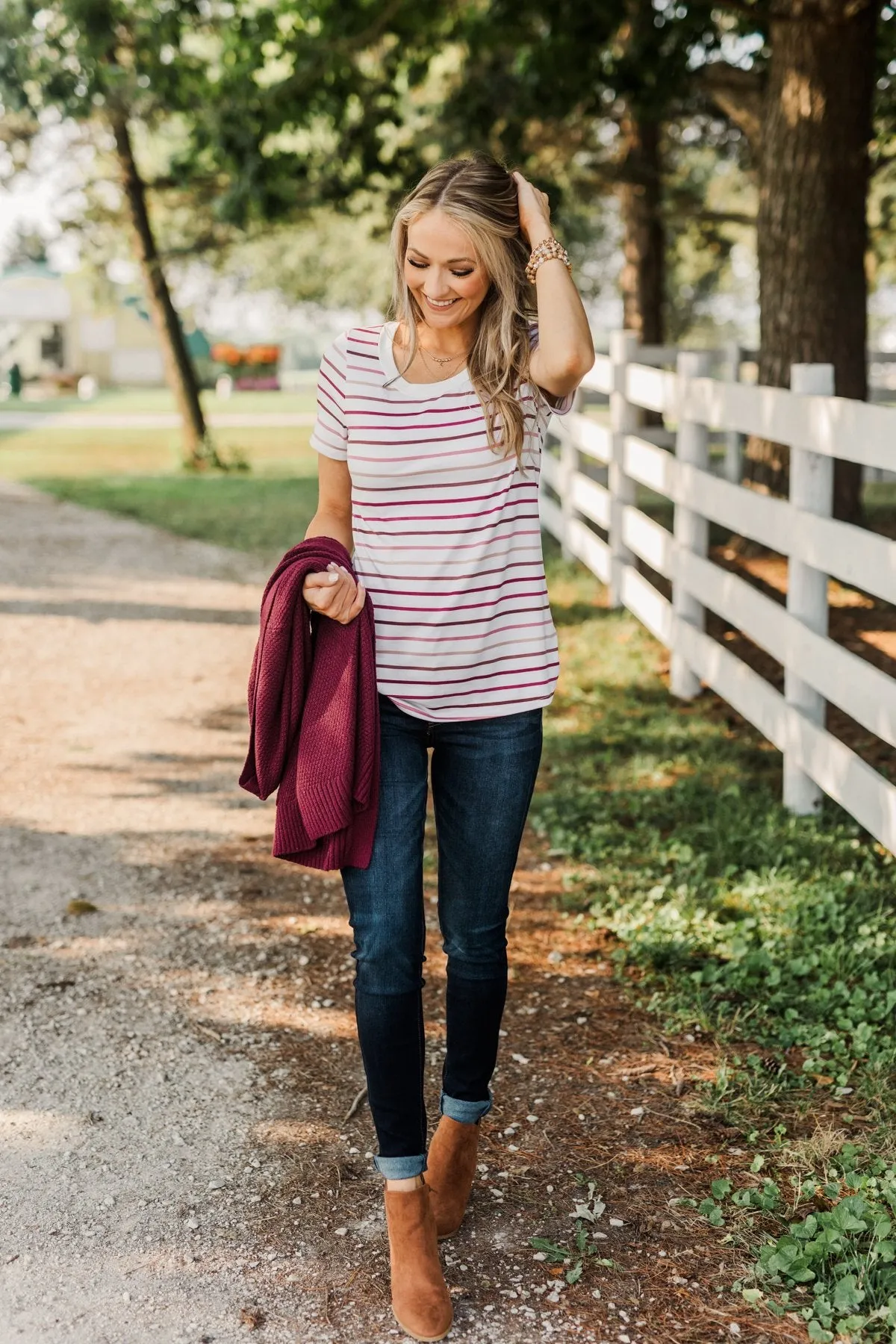 Shades Of Autumn Striped Top- Wine, Burgundy & Pink