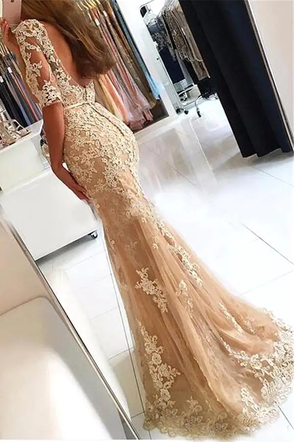 Sheath Sweep Train Scoop Neck Half Sleeve Lace Appliques Prom Dresses