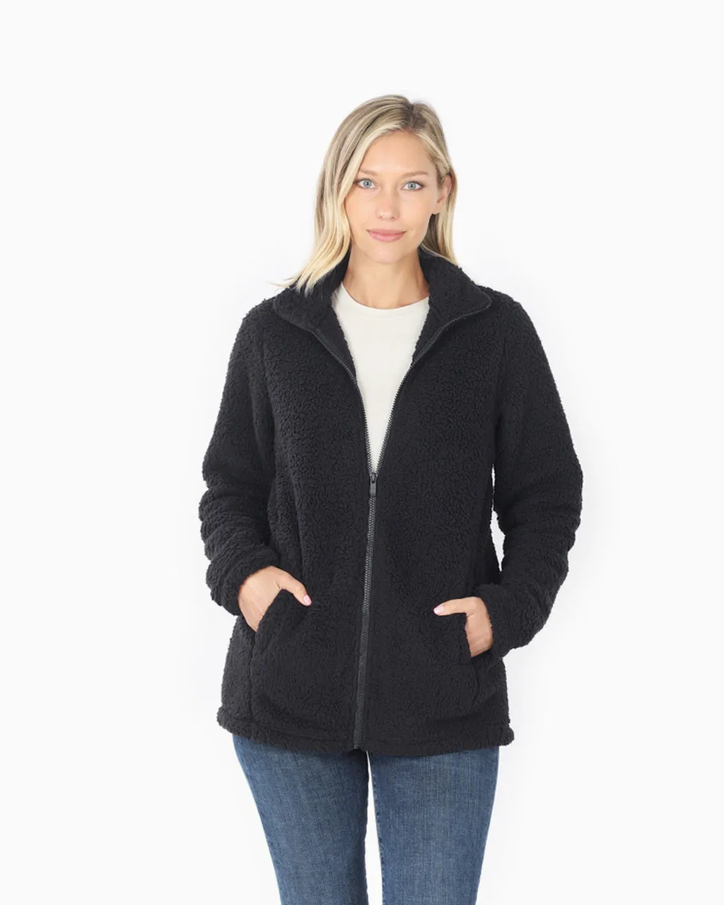 Soft Sherpa Zipper Front Jacket With Side Pockets