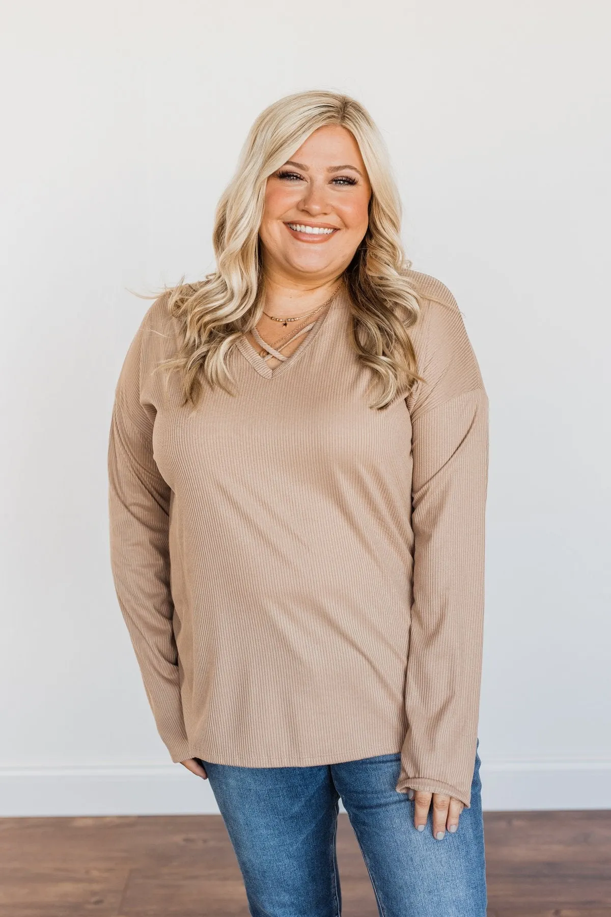 Spice Of Life Criss Cross Ribbed Knit Top- Light Taupe