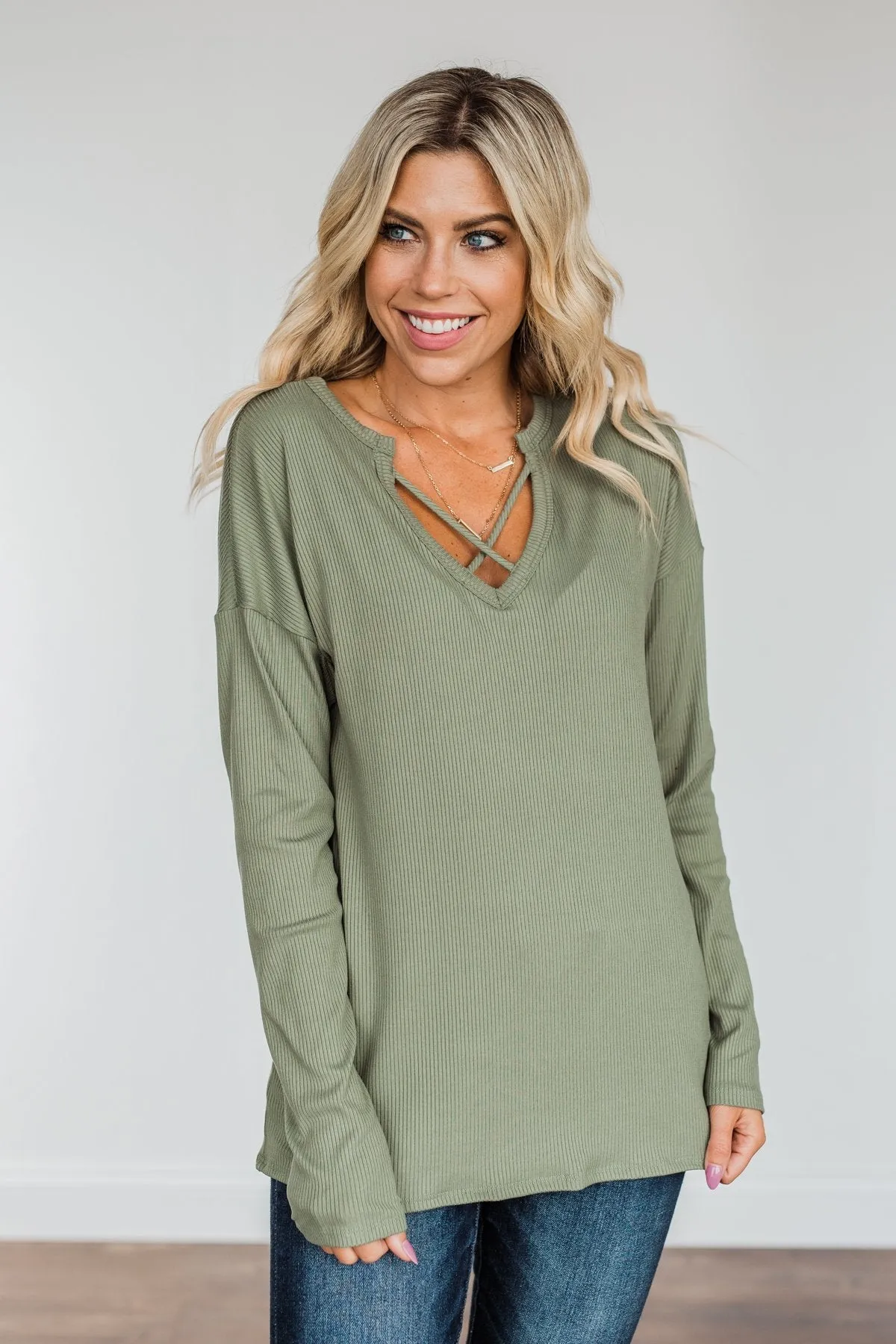 Spice Of Life Criss Cross Ribbed Knit Top- Olive