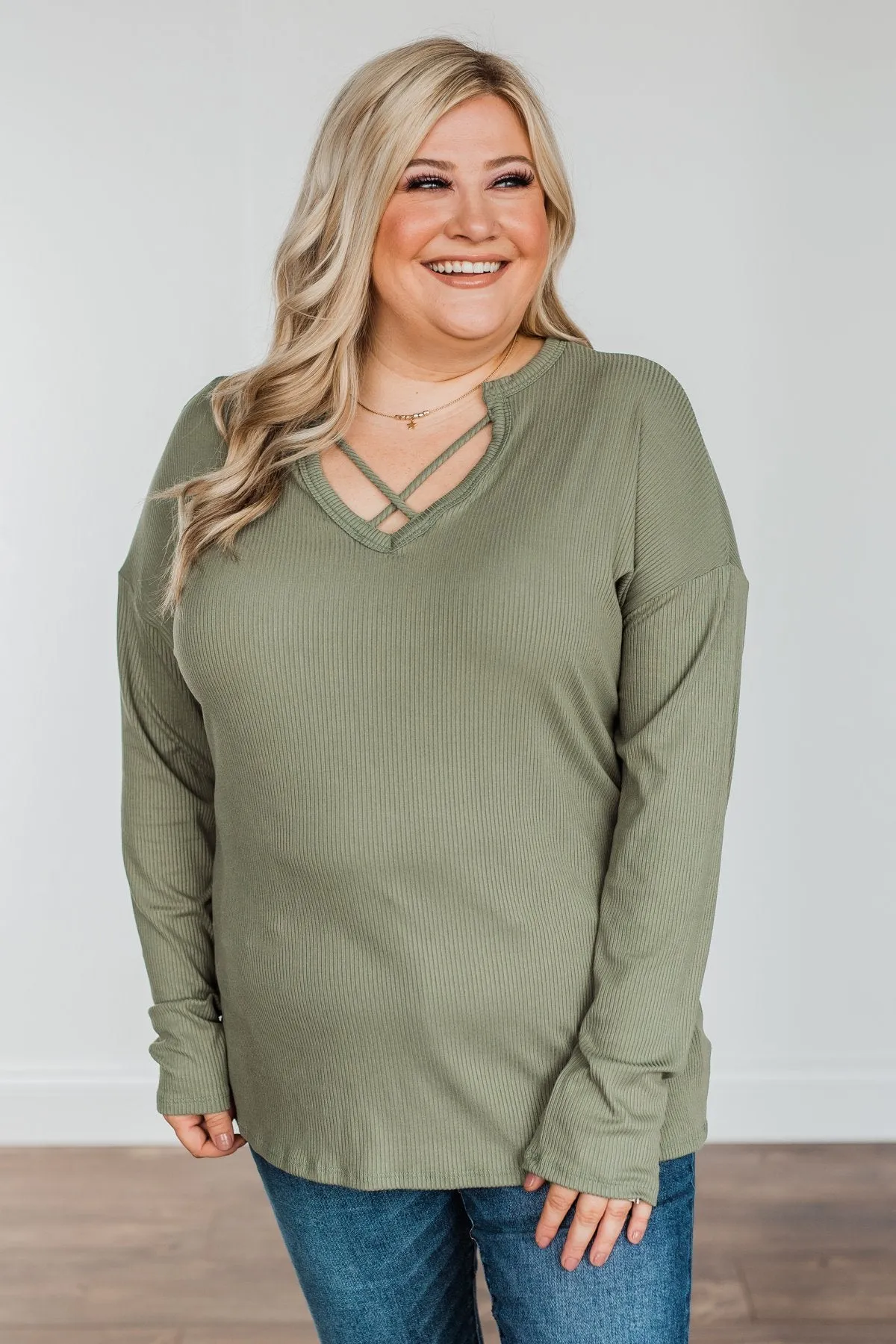 Spice Of Life Criss Cross Ribbed Knit Top- Olive