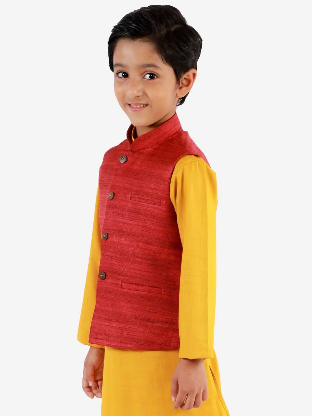 VASTRAMAY Boys Maroon Matka Silk Blend Nehru Jacket