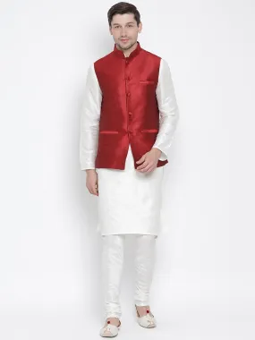 VASTRAMAY Men's White Cotton Silk Blend Kurta, Ethnic Jacket and Pyjama Set