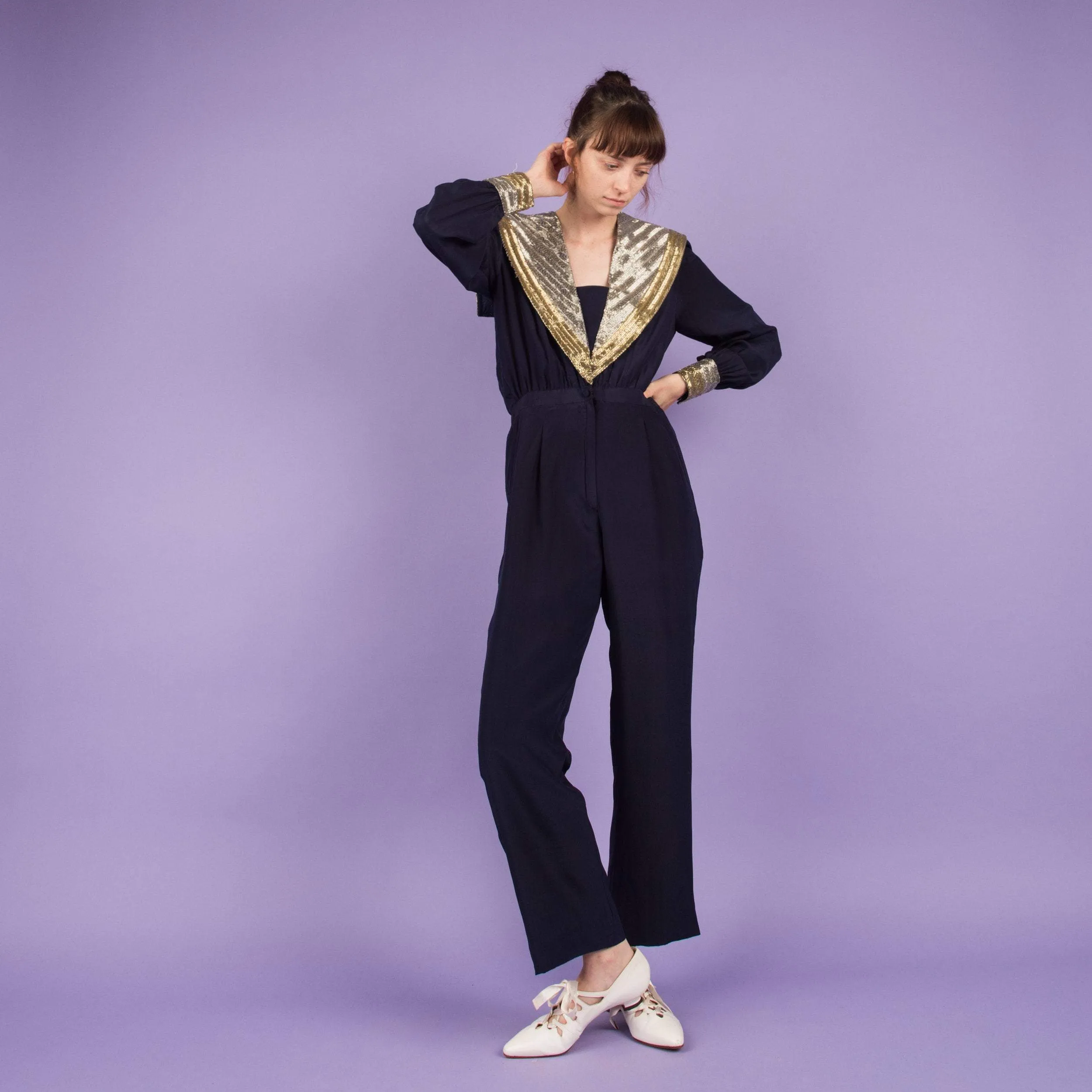 Vintage Navy Beaded Jumpsuit (S)