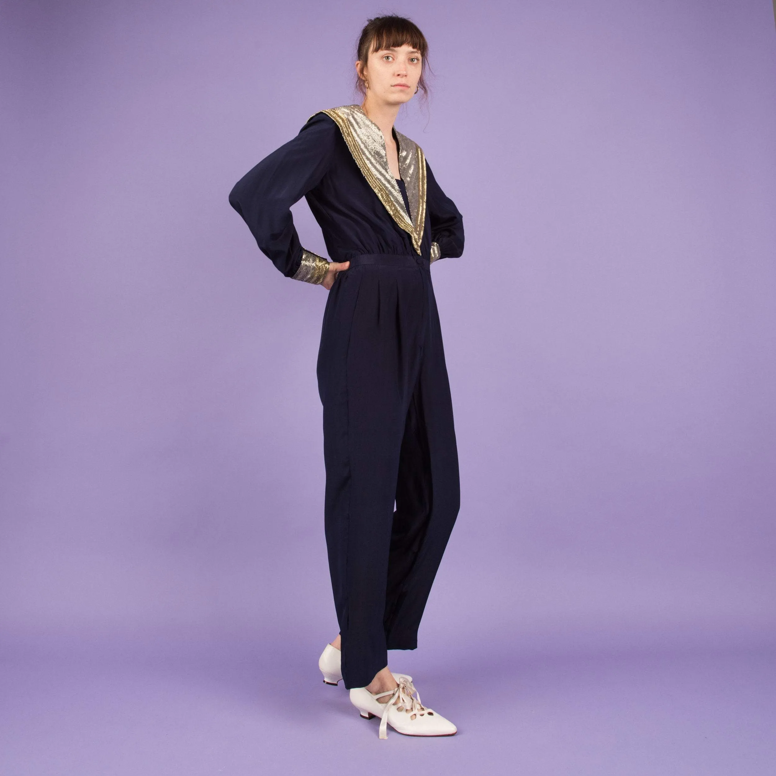 Vintage Navy Beaded Jumpsuit (S)