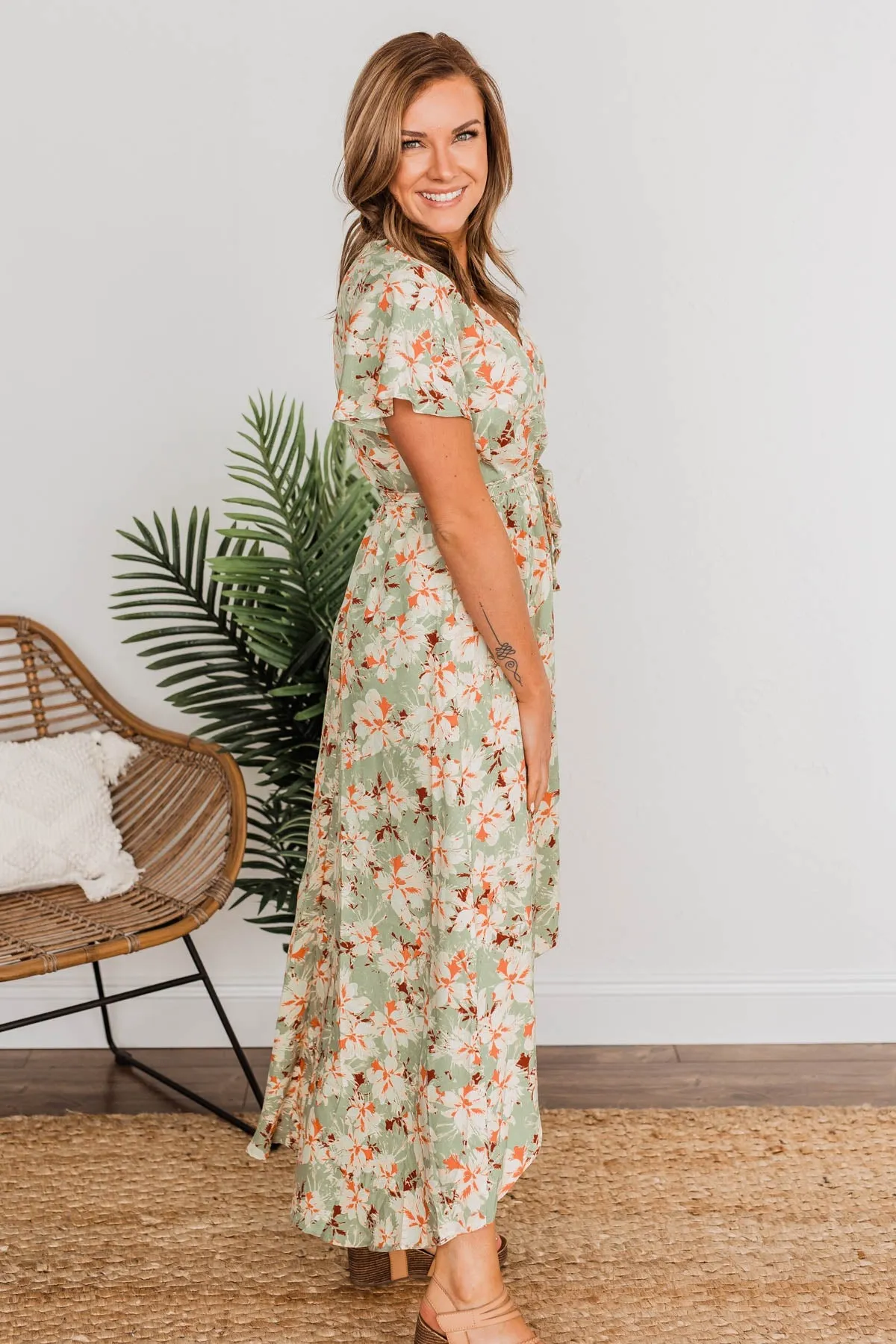 Vintage Vacation High Low Dress- Sage & Cream