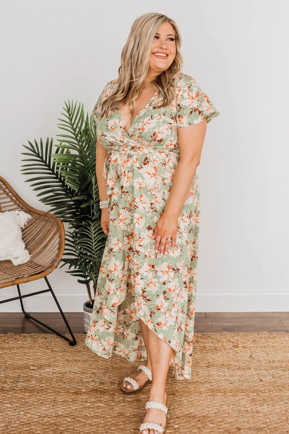 Vintage Vacation High Low Dress- Sage & Cream