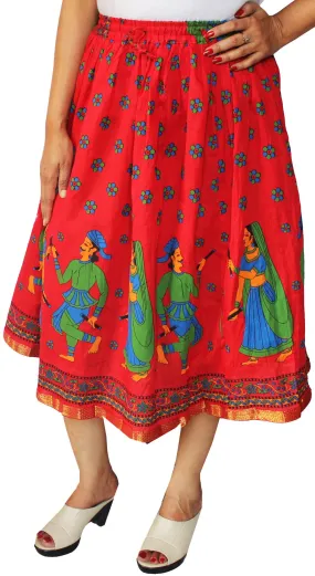 Women Printed Cotton Long Skirt India Clothes (Red)